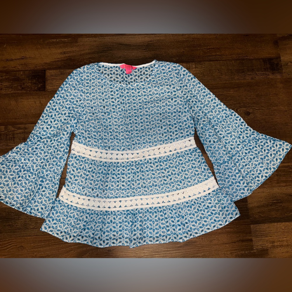 Lilly Pulitzer Blue White Floral Bell-Sleeve Blouse